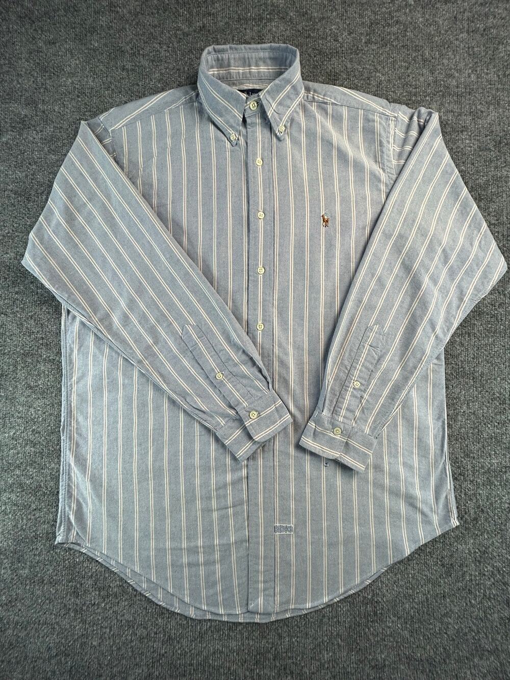 Vintage Ralph Lauren Oxford Button Down Shirt Men's Blue White Stripe Pony Logo